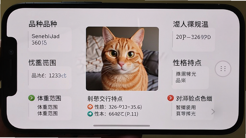 一张手机拍摄宠物后屏幕上显示品种识别结果及详细信息的截图,中间是一只橘猫,周围有品种名称、体重范围、性格特点等文字信息,布局整齐,画质清晰,手机界面边缘有圆角,背景为白色。