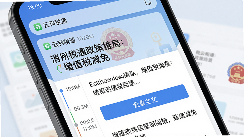 主体:手机通知栏展示“云科税通”政策推送消息,点击后展开详细内容页面。布局:上方为政策标题,下方为摘要与“查看全文”按钮。排版:时间线列表式。风格:清新阅读风格。细节:政策标题含“增值税减免”等关键词,背景有税务局标志。画质:高分辨率,文字可读。