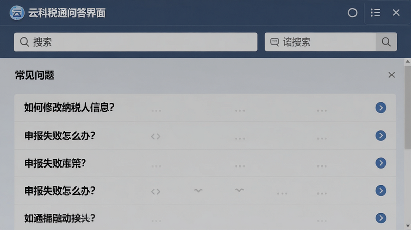 主体:云科税通问答界面截图,显示“常见问题”列表与搜索框。布局:上方搜索栏,下方问题列表带展开箭头。排版:列表式,问题字体加粗。风格:简洁客服风格。细节:问题包括“如何修改纳税人信息”“申报失败怎么办”等。画质:清晰,无多余装饰。