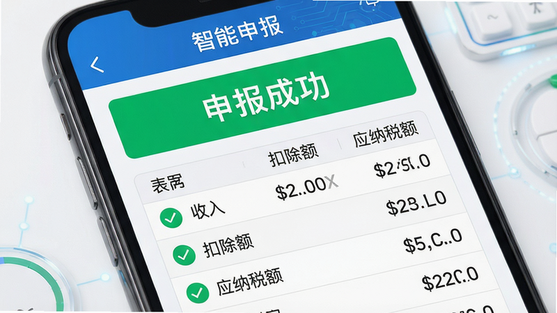 主体:手机屏幕上显示“智能申报”功能界面,申报表单已自动填充。布局:上下结构,上方提示“申报成功”,下方是详细数据列表。排版:清晰数字列表,绿色对勾标识。风格:商务科技感。细节:表单字段含“收入”“扣除额”“应纳税额”等标签,字体清晰。画质:高清,无模糊或无关元素。