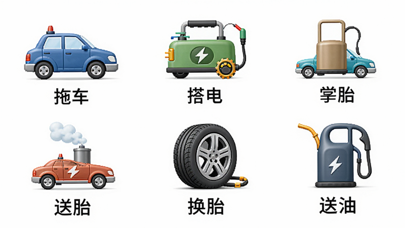 主体为道路救援服务类型列表,以图标加文字形式展示“拖车”、“搭电”、“换胎”、“送油”等,背景为浅色,布局规整,风格简约,细节处每个图标带小型车辆图案,画质高清。