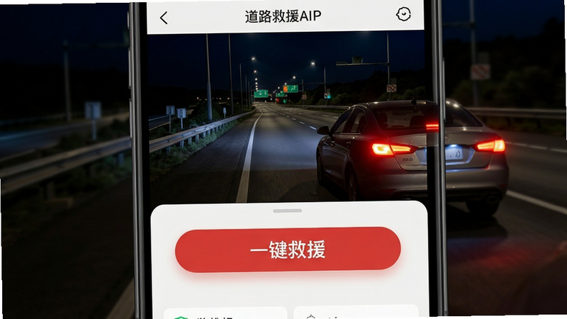 主体为手机屏幕显示道路救援app主界面,中央醒目红色“一键救援”按钮,背景是深夜高速公路旁一辆打着双闪的轿车,风格写实高清,画面干净整洁,无多余元素,画质细腻。