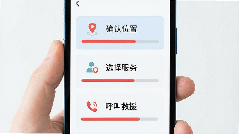 主体为手机界面展示一键救援流程,从上到下依次为“确认位置”、“选择服务”、“呼叫救援”三个步骤,布局清晰,风格扁平化,细节处有红色进度条,画质干净,无多余元素。