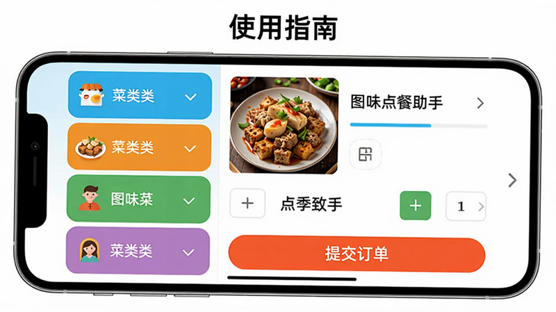 图味点餐助手使用指南示意图,展示手机横屏点餐界面,左右分栏布局清晰,左侧菜品类别,右侧菜品详情与数量选择,底部有“提交订单”按钮。风格简洁,色彩鲜明,画质高清,无多余元素,界面中出现文字“使用指南”和“图味点餐助手”。