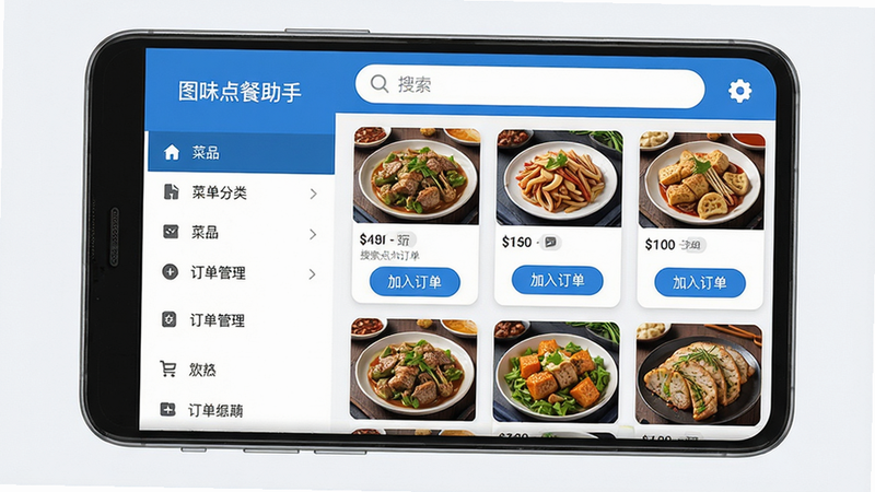 主视觉呈现图味点餐助手在安卓手机上的运行界面,展示菜单列表与订单管理面板。布局左右分栏,左侧为菜品分类导航,右侧为菜品卡片列表,顶部有搜索栏和设置图标。风格扁平化,色彩以蓝白为主,清新干净,细节包括菜品缩略图、价格标签和“加入订单”按钮。画质高清,无多余元素,整体突出软件名称“图味点餐助手”。