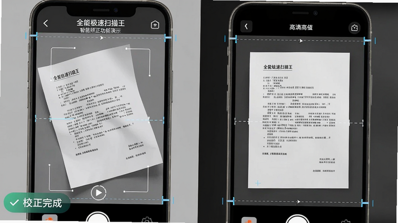 主体:全能极速扫描王智能矫正功能演示,手机界面显示一张歪斜的文档照片,经过软件处理后变成完全端正的高清图,左下角有“校正完成”提示,风格科技感,布局左右对比,细节展示边缘裁剪线,画质锐利干净,无多余元素。