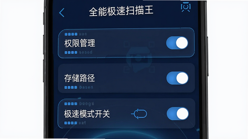 主体:全能极速扫描王设置界面截图,手机屏幕显示“权限管理”、“存储路径”、“极速模式开关”等选项,背景为深蓝色,布局列表式,风格科技,细节中每个选项旁有开关按钮,画质高清干净,无多余元素。