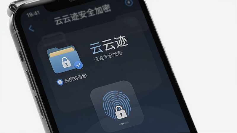 展示云迹隐私保险箱界面,主体为手机屏幕上的加密文件夹图标和指纹解锁动画,布局简洁,风格安全稳重,细节包括加密等级标识和文件锁图标,画质干净无多余元素,alt=
