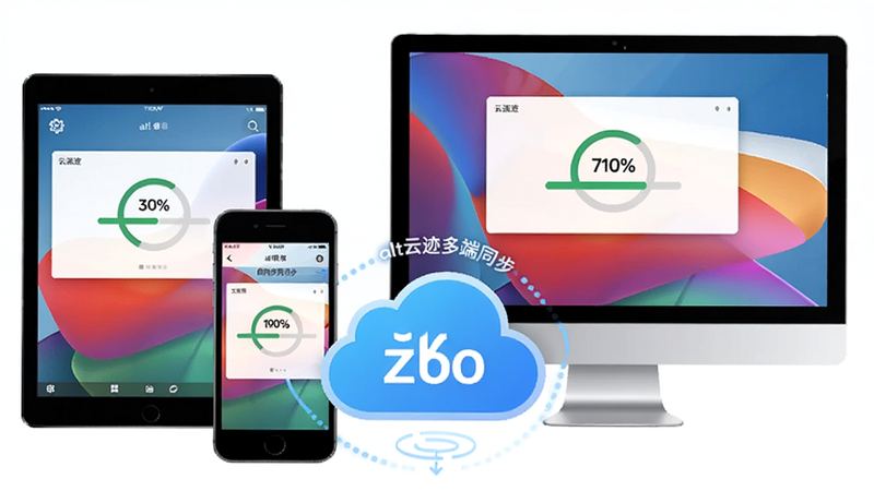 一张云迹多设备同步示意图,主体为手机、平板、电脑三台设备环绕“云”图标,布局呈三角形排列,风格现代科技,细节设备屏幕上显示同步进度,画质清晰干净,alt=