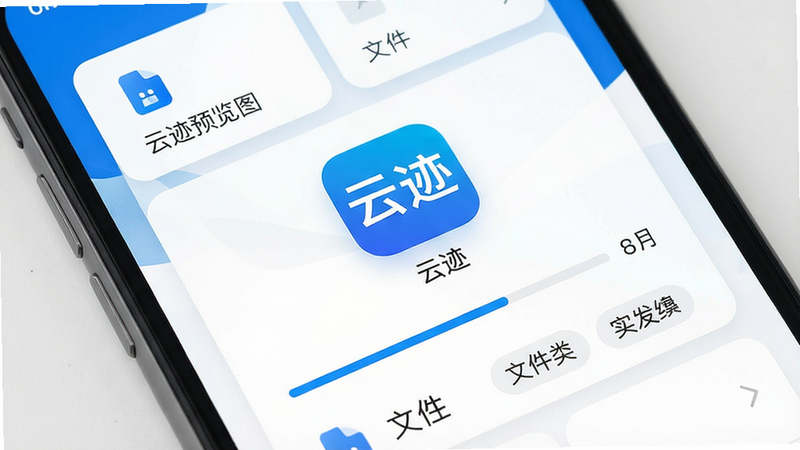 一张展示云迹App主界面的手机截图,主体为手机屏幕中央的“云迹”应用图标与功能菜单,布局采用卡片式设计,风格简洁现代,细节包含同步进度条和文件分类标签,画质高清干净,无多余元素,alt=