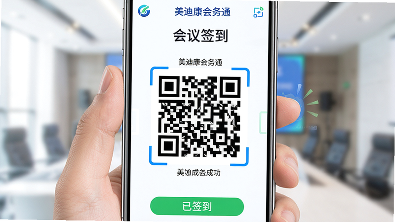 主体:美迪康会务通注册与签到界面,手机屏幕上显示二维码和签到成功动画;布局:中心对齐,顶部显示“会议签到”,中间为大二维码,底部有“已签到”绿色标识;排版:简洁集中;风格:清新商务风,白色背景搭配蓝色高亮;细节:二维码周围有会议名称和Logo;画质:清晰,无多余元素