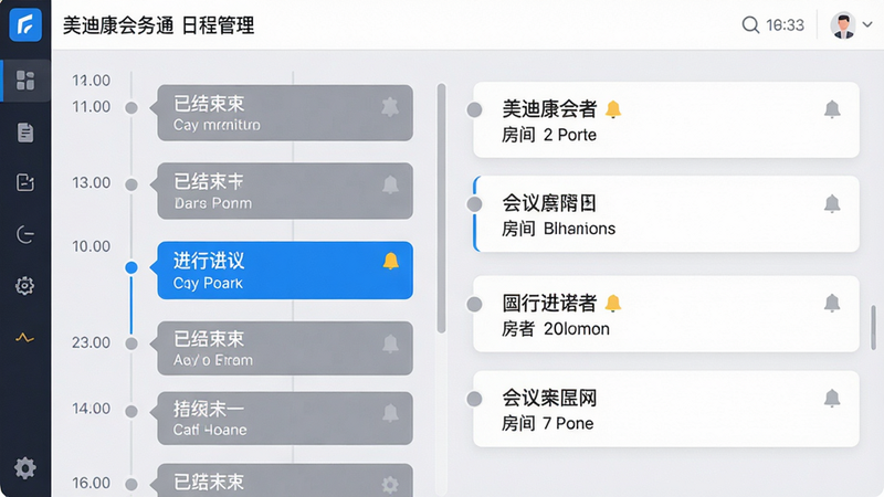 主体:美迪康会务通日程管理界面,显示一周的会议日程时间轴;布局:左侧时间轴,右侧会议条目,可滑动;排版:时间线排列,每个条目有标题、讲者和房间;风格:卡片式时间轴,浅灰色背景;细节:已结束的会议显示灰色,进行中高亮蓝色,有提醒图标;画质:干净,无多余元素