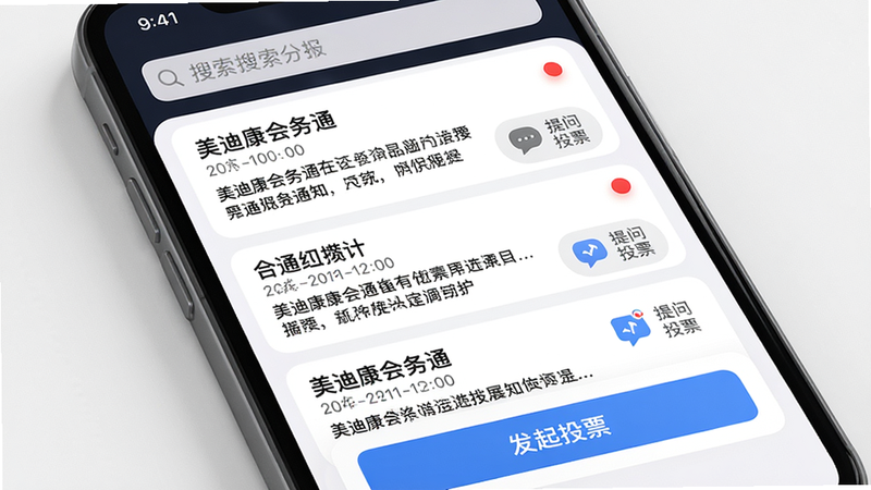 主体:美迪康会务通消息推送界面,手机屏幕显示通知列表和互动按钮;布局:顶部为搜索栏,中部为消息卡片(标题+时间+摘要),底部有“发起投票”按钮;排版:列表式展示;风格:iOS风格,圆角卡片;细节:每条消息右侧有未读红点,互动按钮有“提问”“投票”图标;画质:高清,干净