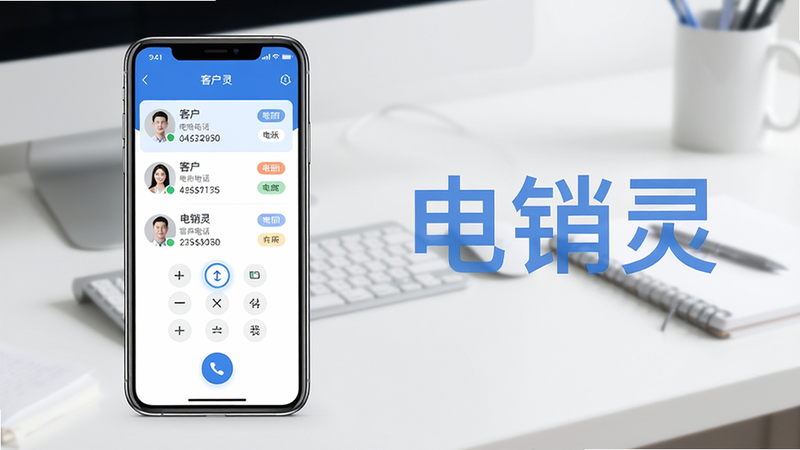 主体:电销灵App在手机屏幕上的主界面,显示客户列表和拨号按钮;布局:手机居中,屏幕内容清晰可见,背景为简洁办公桌;排版:左侧手机竖屏展示,右侧有半透明“电销灵”字样;风格:科技感扁平化UI,蓝白主色调;细节:屏幕中客户联系人头像、姓名、电话、标签列显示,拨号盘图标高亮;画质:4K超清,干净明亮,无多余元素