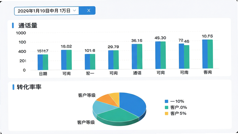 主体:电销灵App的数据统计页面,显示柱状图和饼图;布局:顶部为日期切换,中部为通话量柱状图,底部为转化率饼图;排版:图表清晰标注数字和百分比;风格:现代数据可视化风格,蓝绿配色;细节:柱状图每根柱子标有数值,饼图色块对应不同客户等级;画质:4K超清,干净专业,无多余装饰