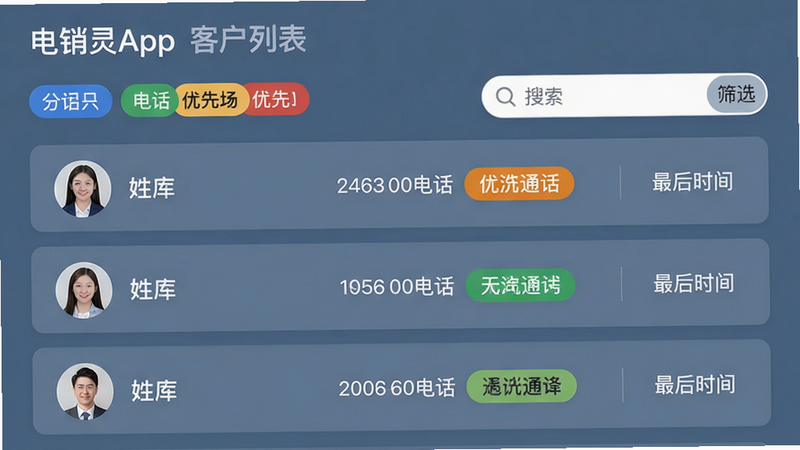 主体:电销灵App的客户列表页,显示分组标签和搜索框;布局:列表从上到下,每个客户行包含头像、姓名、电话、标签和最后通话时间;排版:采用卡片式布局,左右对齐;风格:简洁商务风,蓝灰色背景;细节:搜索框旁边有筛选按钮,标签颜色区分优先级;画质:细腻清晰,无多余元素