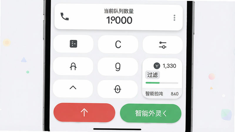 主体:电销灵App的拨号界面,显示虚拟键盘和智能外呼按钮;布局:界面居中,底部有红色拨号键和绿色智能外呼键;排版:功能按钮排列整齐,顶部显示当前队列数量;风格:Material Design风格,圆角卡片设计;细节:智能外呼键上有“过滤”字样,旁边有号码验证进度条;画质:高清无噪点,色彩柔和,干净简洁