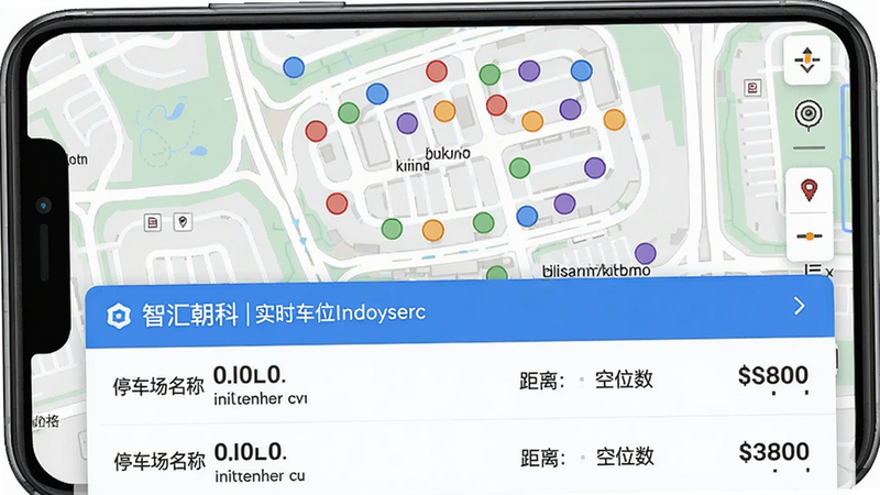 主体: 智汇朝科实时车位查询界面;布局: 手机竖屏,上半部分为地图,下半部分为停车场列表;排版: 列表项显示停车场名称、距离、空位数和价格;风格: 现代简洁,蓝白配色;细节: 地图上多个彩色圆点标注停车场状态;画质: 清晰,无多余文字干扰