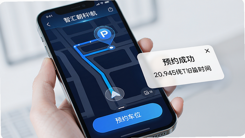 主体: 智汇朝科导航与预约功能界面;布局: 手机屏幕显示导航路线预览,底部有“预约车位”按钮;排版: 路线以蓝线标注,目的地标记停车场图标;风格: 科技感,色彩明亮;细节: 预约成功弹出提示框,显示保留时间;画质: 高清,无多余元素