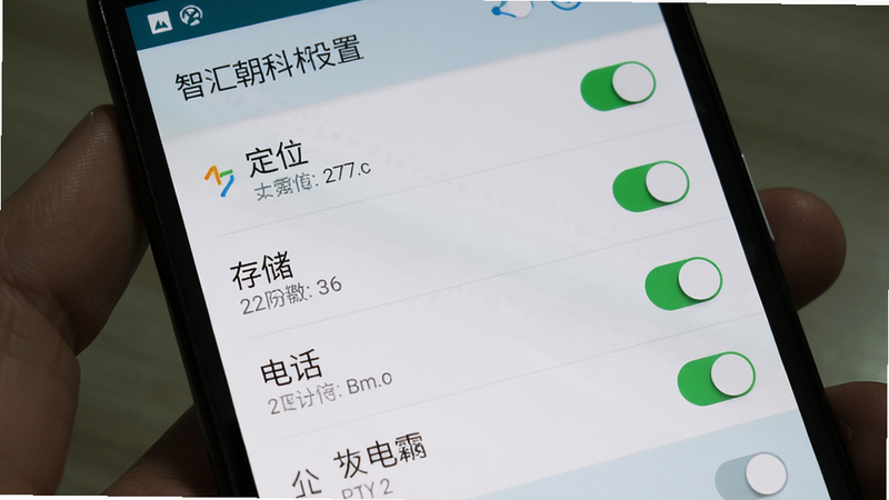 主体: 手机屏幕显示智汇朝科权限设置界面;布局: 列表显示定位、存储、电话等权限开关;排版: 安卓设置风格;风格: 原生Android;细节: 所有开关都处于开启状态;画质: 清晰,无多余元素