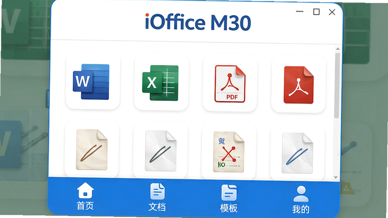 iOffice M30移动办公软件主界面,顶部显示“iOffice M30”品牌标识,中部为文档列表预览,包含Word、Excel、PDF等文件缩略图,底部导航栏有“首页”“文档”“模板”“我的”四个图标,整体采用白色背景搭配蓝色主色调,布局简洁,图标圆润,画质高清,干净无多余元素