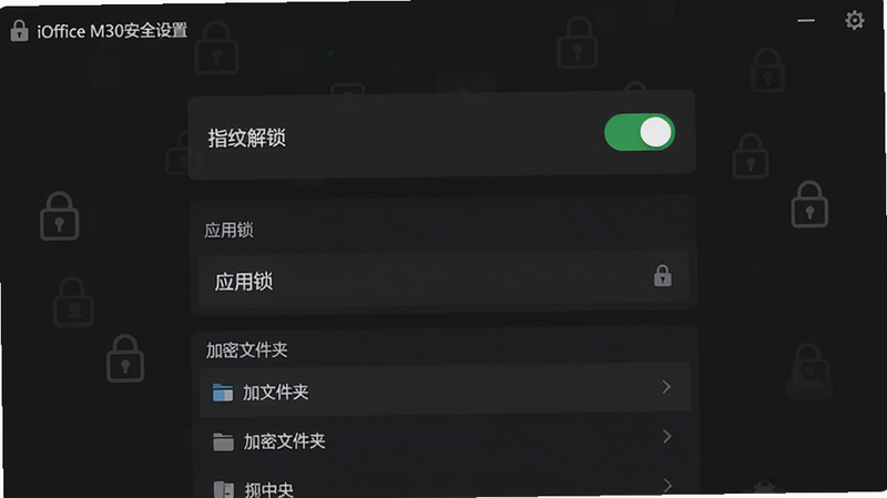 iOffice M30安全设置界面,显示“指纹解锁”开关已开启,“应用锁”设置区域,下方有“加密文件夹”列表,界面暗色主题,锁形图标点缀,风格稳重,画质清晰,干净专业