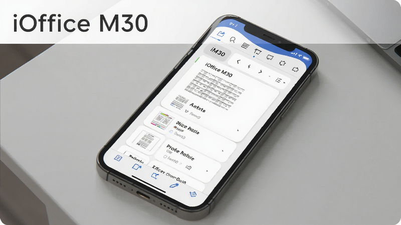 一张展示iOffice M30在手机屏幕上打开文档的界面预览图,主体是手机平放在桌面上,屏幕显示iOffice M30的主界面,布局清晰,顶部有工具栏,底部有文档列表,风格简约现代,细节包括文档缩略图和编辑选项,画质高清,干净无多余元素,图片上可标注文字