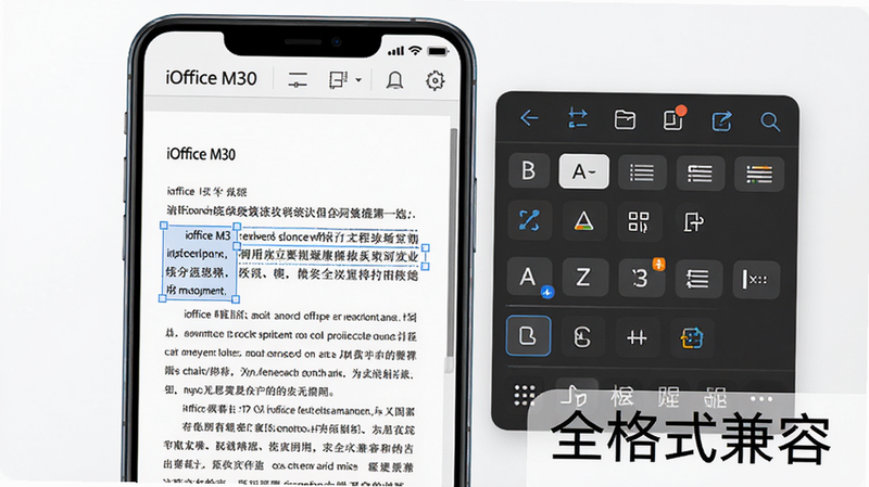 iOffice M30文档编辑界面截图,主体为手机竖屏显示,左侧文档内容,右侧浮动工具栏,布局清晰,风格简洁,细节包括文字选中和格式选项,画质高清,干净背景,图片上显示