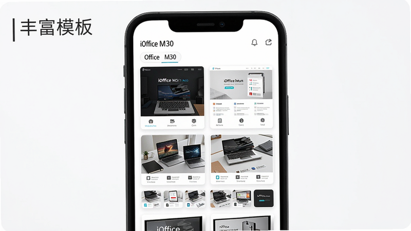 iOffice M30模板选择界面,主体为手机屏幕展示多个模板缩略图,网格布局,风格简约,细节包括模板分类标签和预览图标,画质高清,干净背景,图片上显示