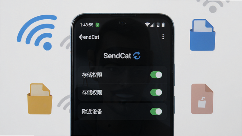 一部安卓手机屏幕特写,显示SendCat设置界面,下方有“存储权限”、“附近设备”等选项已开启,背景为深色模式,界面简洁,手机周围有Wi-Fi信号和文件图标装饰,整体风格干净,突出权限设置的重要性,画质高清。