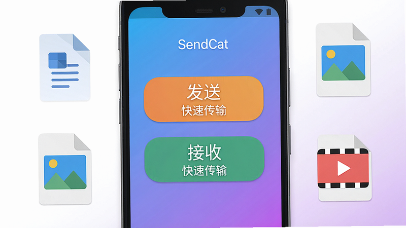 主体为一部安卓手机屏幕显示SendCat主界面,界面中央有“发送”和“接收”两个大按钮,背景为渐变色(蓝紫),手机旁边漂浮着几个文件图标(文档、图片、视频),整体布局居中对称,风格扁平化且色彩明快,细节包括按钮上的文字“SendCat”和“快速传输”,画质高清干净,无多余元素。