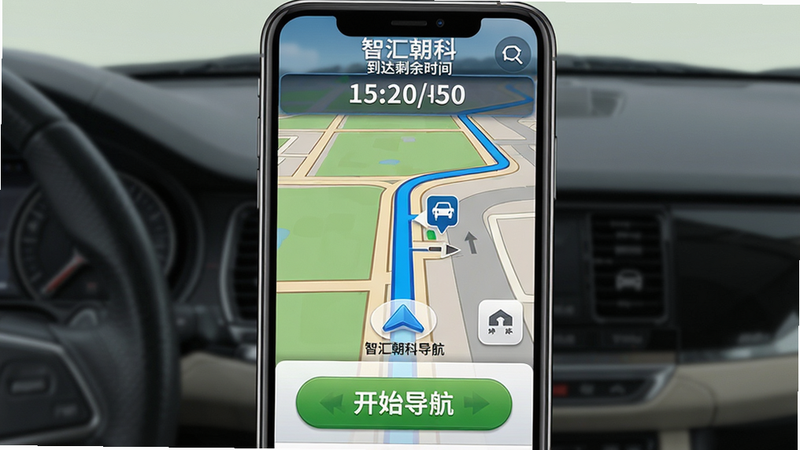 主体:智汇朝科导航界面,布局:手机屏幕显示路线导航,上方有“到达剩余时间”,底部有“开始导航”按钮,排版:简洁直观,风格:拟物化导航地图,细节:路线为蓝色线条,标注停车场入口,画质:超清,文字:“智汇朝科导航”