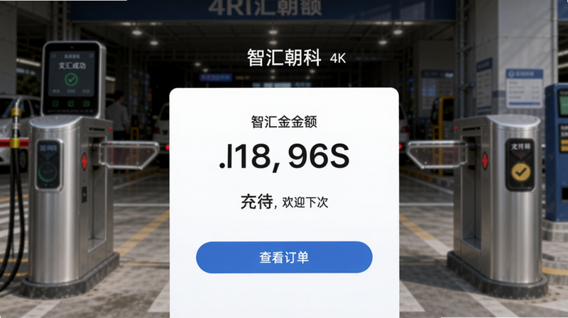 主体:智汇朝科支付成功界面,布局:中央显示支付金额和车牌号,底部有“查看订单”按钮,背景为停车场入口闸机,排版:简约,风格:现代商务风,细节:显示“支付成功,欢迎下次使用”,画质:4K,干净,文字:“智汇朝科”