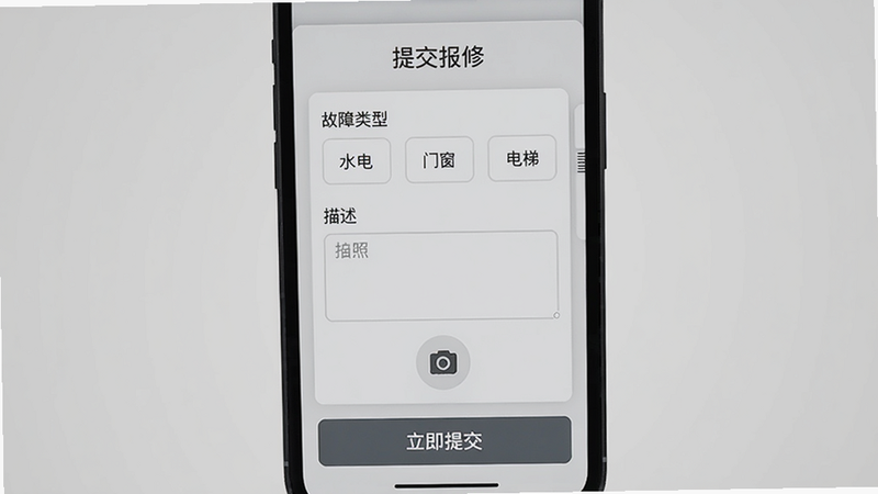 智享有邻 报修工单提交页面,手机截图,上方显示“提交报修”,中间有故障类型选择(水电、门窗、电梯)、描述输入框、拍照按钮,底部“立即提交”按钮高亮,背景为浅灰色卡片布局,清晰显示操作流程,干净无冗余元素