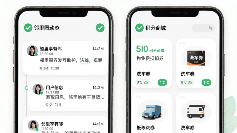 智享有邻 邻里圈与积分商城界面,左侧显示邻里圈动态(用户发布的互助信息带时间线),右侧显示积分商城商品列表(物业费抵扣券、洗车券等),采用左右分屏布局,圆角卡片设计,绿色积分标识,整体清新自然,干净无多余元素