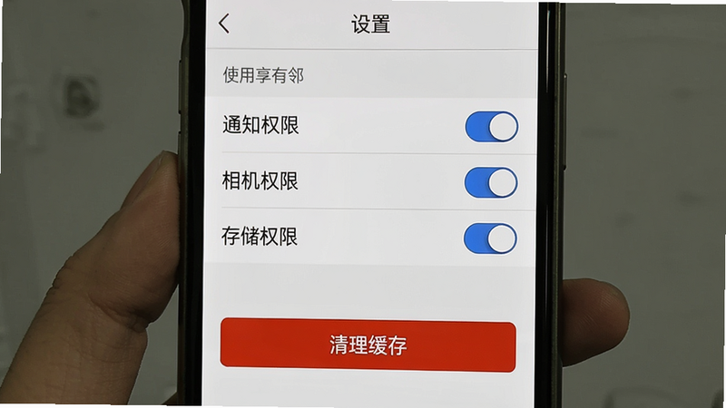 智享有邻 使用设置页面,展示权限管理、自启动开关、缓存清理入口,手机屏幕截图,顶部标题“设置”,中部列表项有“通知权限”“相机权限”“存储权限”,每个右侧有开关按钮,底部“清理缓存”按钮红色,布局清晰,画质高清,干净无多余元素