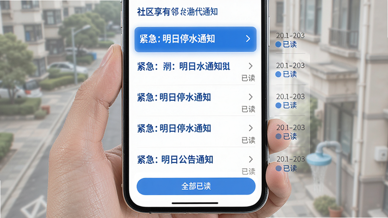 智享有邻 社区公告列表页,手机屏幕显示多条通知标题,第一条高亮标注“紧急:明日停水通知”,每条右侧有发布时间和“已读”状态,底部有“全部已读”按钮,整体简洁,白色背景,蓝色标题,符合手机阅读习惯,高清画质