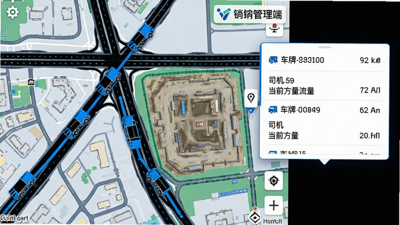 画面左侧显示地图界面,多个罐车图标沿路线移动,右侧悬浮信息卡列出车牌号、司机、当前方量;背景为城市道路地图缩放至工地周边;布局采用地图占2/3、信息卡占1/3的分屏排版;风格为科技蓝黑调高德地图风格;细节上“砼砼管理端”logo在地图右上角;画质清晰,无多余UI元素。