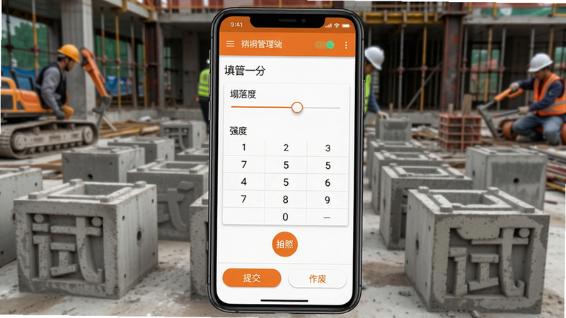 主体为手机屏幕上的质检报告填写页面,包含塌落度滑块、强度数字键盘、拍照按钮;背景为施工现场混凝土试块摆放场景;布局采用垂直表单,底部有“提交”与“作废”按钮;风格为Material Design风格,白色底色配橙色强调色;细节上“砼砼管理端”状态栏悬浮;画质干净,无冗余装饰。