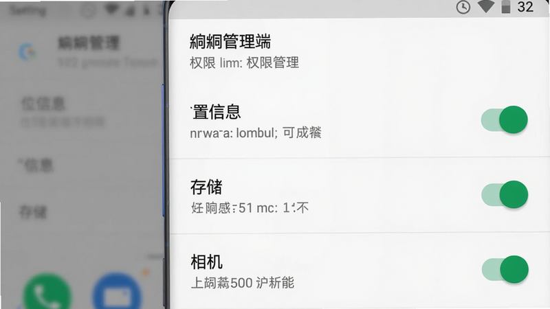 主体为手机设置界面中“砼砼管理端”的权限管理页面,显示位置信息、存储、相机三个开关都已打开;背景是手机系统设置模糊背景;布局采用列表形式,开关为绿色;风格为原生Android 12 Material You;细节上每个开关旁有中文说明;画质干净,无多余元素。
