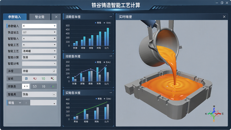 铁谷铸造智能工艺计算界面,左侧为参数输入区域,右侧实时显示3D浇注模拟动画,界面采用蓝灰科技风格,数据以图表形式呈现,高清画质,干净无多余元素