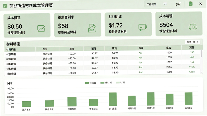 铁谷铸造材料成本管理页面,顶部为成本概览卡片,中部为材料明细表格,底部有条形图分析,整体采用淡绿色商务风格,布局整齐,高清画质,干净无多余元素