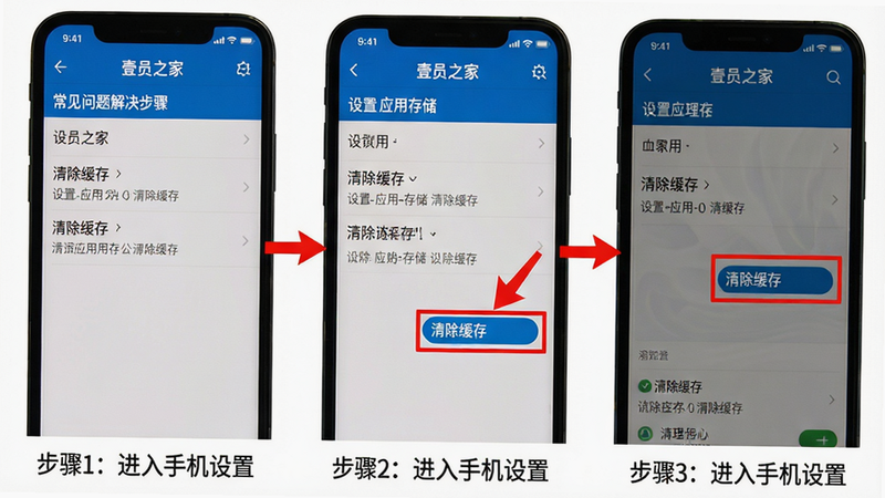 Ö÷Ì壺ÊÖ»úÆÁÄ»ÏÔʾ¡°Ò¼Ô±Ö®¼Ò¡±APP³£¼ûÎÊÌâ½â¾ö²½Öèͼ£¬°üÀ¨¡°ÉèÖÃ-Ó¦ÓÃ-´æ´¢-Çå³ý»º´æ¡±µÄ²Ù×÷·¾¶½ØÍ¼¡£²¼¾Ö£º·Ö²½½ØÍ¼ÅÅÁУ¬Ã¿¸ö²½ÖèÓúìÉ«¼ýͷָʾ¡£ÅŰ棺ÿÕŽØÍ¼Ï·½Óмò¶ÌÎÄ×Ö˵Ã÷£¬Èç¡°²½Öè1£º½øÈëÊÖ»úÉèÖᱡ£·ç¸ñ£ºÊµ¼ÊÊÖ»ú½çÃæ½ØÍ¼£¬ÕæÊµ¸ÐÇ¿¡£Ï¸½Ú£º½ØÍ¼ÖÐÏÔʾ¡°Çå³ý»º´æ¡±°´Å¥±»¸ßÁÁ¿òÑ¡ÖС£»ÖÊ£º¸ß·Ö±æÂÊ£¬ÎÞ¶àÓàÔªËØ