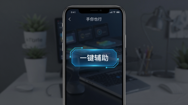 有手你也行软件主界面预览,手机屏幕居中显示“一键辅助”按钮,科技蓝色风格,高清画质,干净简洁无多余元素