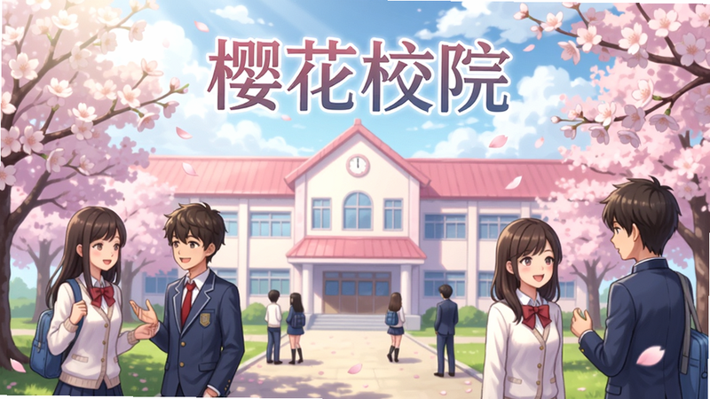 主体:樱花校院游戏主界面,中央一座粉色屋顶的教学楼,周围盛开的樱花树,树下有几位穿着校服的男女学生正在交谈或走动。布局:横向宽幅构图,学生位于前景,教学楼在背景,天空有云彩和阳光。排版:画面正中偏上位置显示游戏标题