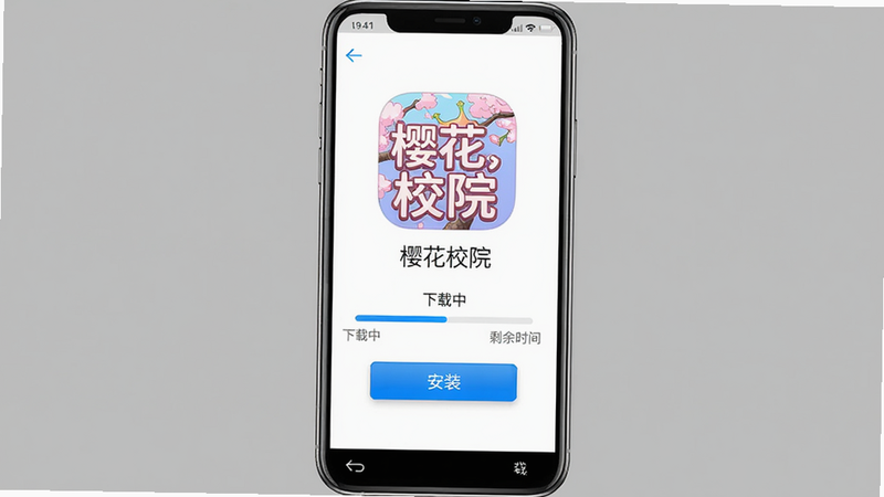 主体:樱花校院游戏下载与安装界面截图,手机屏幕上显示“樱花校院”应用图标和“安装”按钮。布局:手机居中竖屏,屏幕上方有状态栏,下方有返回键。排版:屏幕中央显示应用名称“樱花校院”,下方有“下载中”进度条和剩余时间。风格:写实手机界面,简洁清晰。细节:进度条蓝色,按钮有按压效果,背景为纯色。画质:高清,无多余元素。