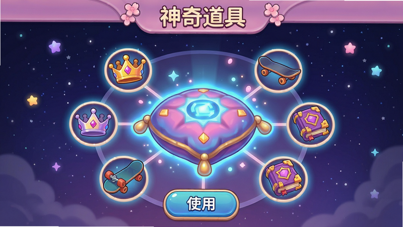 主体:樱花校院游戏道具展示界面,中央是一个发光的魔法坐垫,周围环绕着各种道具图标如皇冠、滑板、魔法书。布局:集中的圆形构图,坐垫居中,道具呈放射状排列。排版:屏幕顶部显示“神奇道具”标题,底部有“使用”按钮。风格:梦幻卡通风格,带有光效和粒子特效。细节:坐垫上有蓝色光晕,道具图标带有微光,背景是星空。画质:高清,光影柔和,无多余元素。