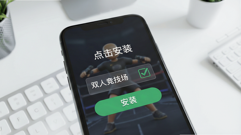 双人竞技场在线游戏安装步骤图,手机屏幕上显示“安装”按钮,旁边有打勾的权限勾选框,背景为干净的桌面,风格极简,包含文字“点击安装”,画质清晰明亮,无多余元素