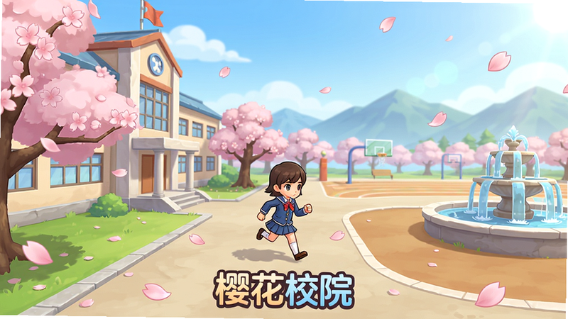 主体为樱花校院游戏全景截图,左侧是樱花树下的教学楼,右侧是操场和喷泉,中间有游戏角色穿着校服在奔跑,布局采用宽幅横版构图,风格为明亮卡通渲染,细节包括飘落的樱花花瓣和远处山脉,画质高清干净,无多余元素,画面底部居中显示游戏LOGO“樱花校院”字样。