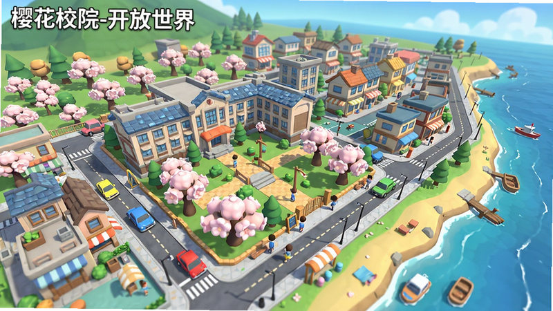 主体为樱花校院开放世界俯瞰图,显示校园、小镇和海岸线的全景,布局为鸟瞰视角,风格为卡通清新,细节包括街道上的行人和车辆,画质细腻干净,无多余元素,图片左上角标注“樱花校院-开放世界”。